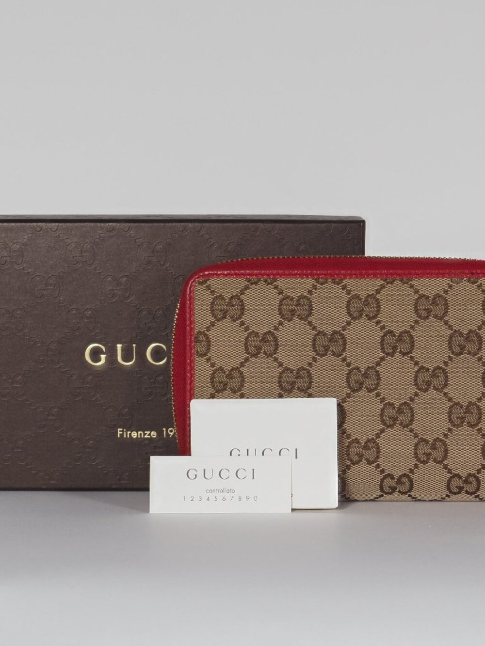 Gucci GG Canvas Zip Around Wallet Beige Monogram Red Leather Continental